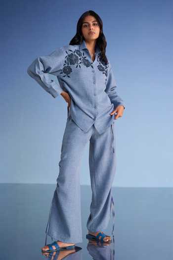 Dash And Dot_Blue Cotton, Polyester Collared Neck Beaded Linen Shirt And Wide Leg Pant Set _at_Aza_Fashions