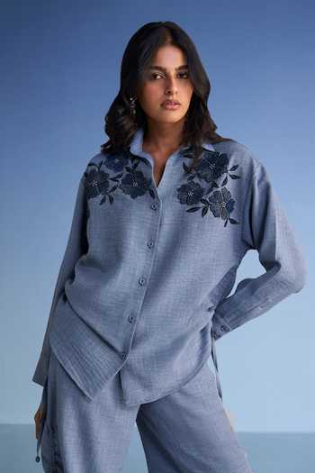 Buy_Dash And Dot_Blue Cotton, Polyester Collared Neck Beaded Linen Shirt And Wide Leg Pant Set 