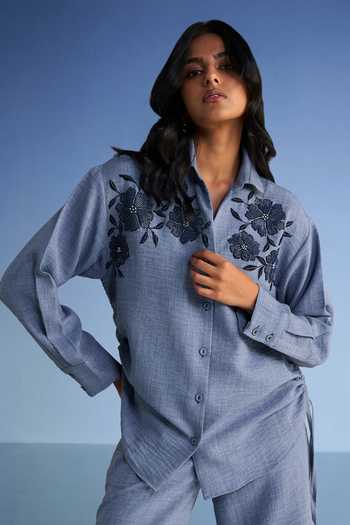 Shop_Dash And Dot_Blue Cotton, Polyester Collared Neck Beaded Linen Shirt And Wide Leg Pant Set 