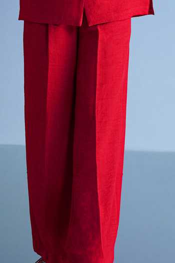 Dash And Dot_Red Cotton, Polyester Round Neck Buttoned Cuff Linen Shirt And Wide Leg Pant Set _Online_at_Aza_Fashions