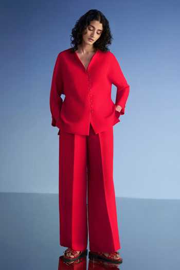 Buy_Dash And Dot_Red Cotton, Polyester Round Neck Buttoned Cuff Linen Shirt And Wide Leg Pant Set _Online_at_Aza_Fashions