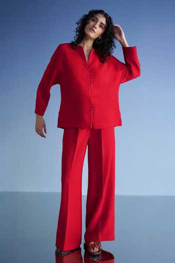 Shop_Dash And Dot_Red Cotton, Polyester Round Neck Buttoned Cuff Linen Shirt And Wide Leg Pant Set _Online_at_Aza_Fashions