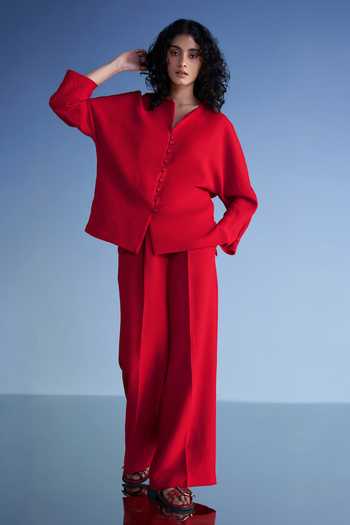 Dash And Dot Buttoned Cuff Linen Shirt & Wide Leg Pant Set 