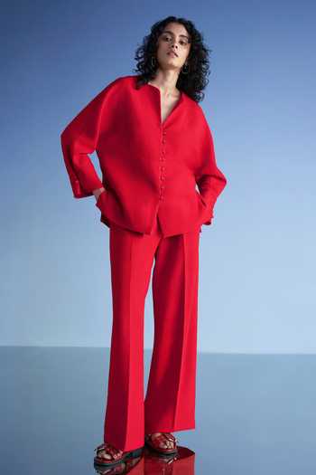 Dash And Dot_Red Cotton, Polyester Round Neck Buttoned Cuff Linen Shirt And Wide Leg Pant Set _at_Aza_Fashions