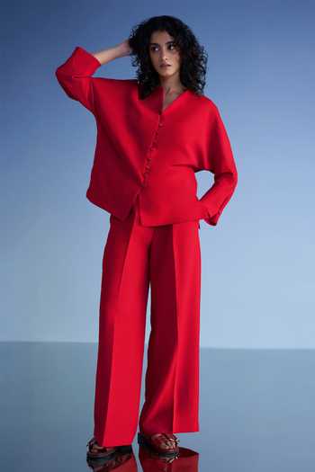 Buy_Dash And Dot_Red Cotton, Polyester Round Neck Buttoned Cuff Linen Shirt And Wide Leg Pant Set 
