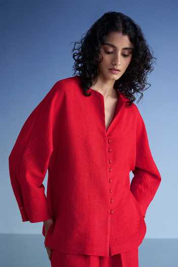 Shop_Dash And Dot_Red Cotton, Polyester Round Neck Buttoned Cuff Linen Shirt And Wide Leg Pant Set 