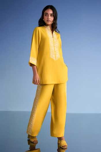 Dash And Dot_Yellow Cotton, Polyester Mandarin Collar Embroidered Linen Longline Top _Online_at_Aza_Fashions