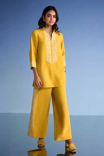 Buy_Dash And Dot_Yellow Cotton, Polyester Mandarin Collar Embroidered Linen Longline Top _Online_at_Aza_Fashions