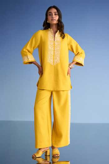 Shop_Dash And Dot_Yellow Cotton, Polyester Mandarin Collar Embroidered Linen Longline Top _Online_at_Aza_Fashions