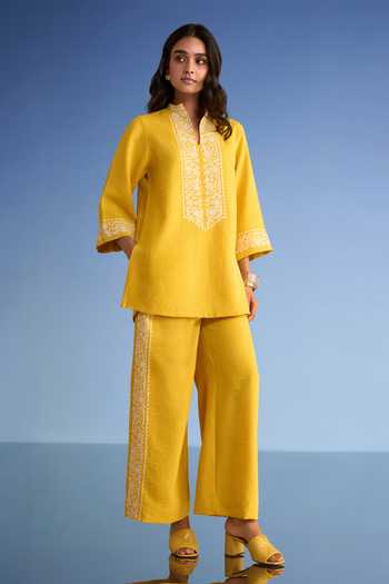 Dash And Dot_Yellow Cotton, Polyester Mandarin Collar Embroidered Linen Longline Top _at_Aza_Fashions