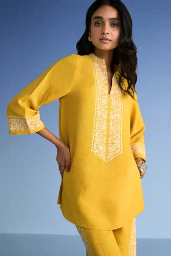 Shop_Dash And Dot_Yellow Cotton, Polyester Mandarin Collar Embroidered Linen Longline Top 