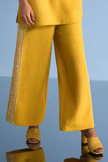 Dash And Dot_Yellow Cotton, Polyester Mandarin Collar Embroidered Linen Top And Pant Set _Online_at_Aza_Fashions