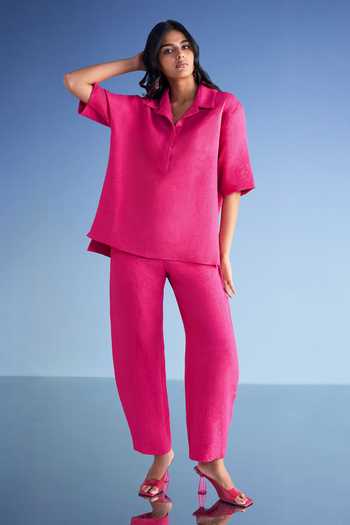 Dash and Dot Pink Cotton, Polyester Collared Neck Linen High-low Top And Straight-cut Pant Set Online at Aza Fashions Dash and Dot_Pink Cotton, Polyester Collared Neck Linen High-low Top And Straight-cut Pant Set _Online_at_Aza_Fashions