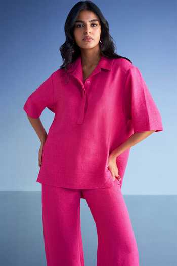 Buy Dash and Dot Pink Cotton, Polyester Collared Neck Linen High-low Top And Straight-cut Pant Set Online at Aza Fashions Buy_Dash and Dot_Pink Cotton, Polyester Collared Neck Linen High-low Top And Straight-cut Pant Set _Online_at_Aza_Fashions