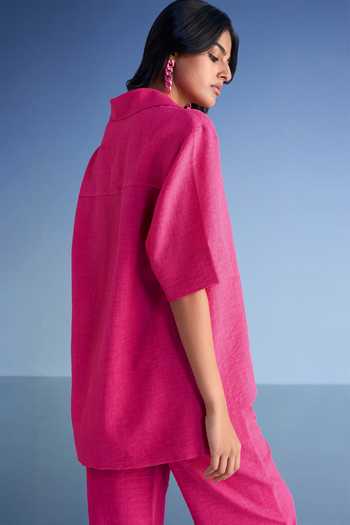 Shop Dash and Dot Pink Cotton, Polyester Collared Neck Linen High-low Top And Straight-cut Pant Set Online at Aza Fashions Shop_Dash and Dot_Pink Cotton, Polyester Collared Neck Linen High-low Top And Straight-cut Pant Set _Online_at_Aza_Fashions