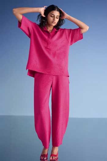 Dash and Dot Pink Cotton, Polyester Collared Neck Linen High-low Top And Straight-cut Pant Set at Aza Fashions Dash and Dot_Pink Cotton, Polyester Collared Neck Linen High-low Top And Straight-cut Pant Set _at_Aza_Fashions