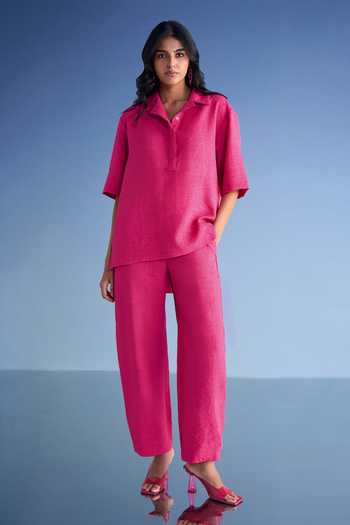Dash And Dot Linen High-Low Top & Straight-Cut Pant Set 