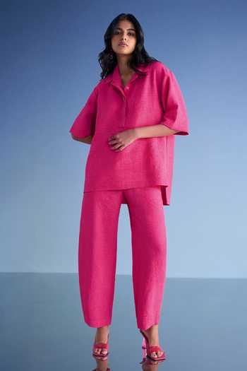 Buy Dash and Dot Pink Cotton, Polyester Collared Neck Linen High-low Top And Straight-cut Pant Set Buy_Dash and Dot_Pink Cotton, Polyester Collared Neck Linen High-low Top And Straight-cut Pant Set