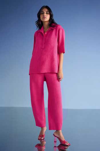 Shop Dash and Dot Pink Cotton, Polyester Collared Neck Linen High-low Top And Straight-cut Pant Set Shop_Dash and Dot_Pink Cotton, Polyester Collared Neck Linen High-low Top And Straight-cut Pant Set