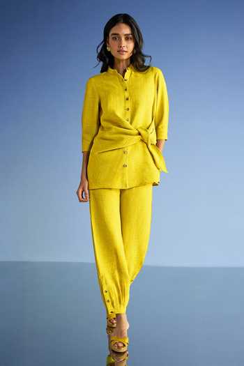 Dash And Dot_Yellow Cotton, Polyester Mandarin Collar Linen Side Tie Top And Pleated Pant Set _Online_at_Aza_Fashions