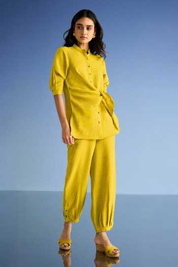 Buy_Dash And Dot_Yellow Cotton, Polyester Mandarin Collar Linen Side Tie Top And Pleated Pant Set _Online_at_Aza_Fashions