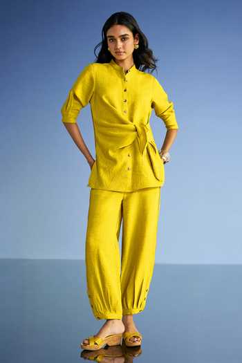 Shop_Dash And Dot_Yellow Cotton, Polyester Mandarin Collar Linen Side Tie Top And Pleated Pant Set _Online_at_Aza_Fashions
