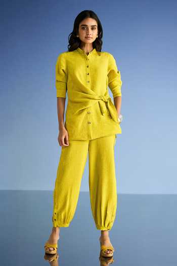 Dash And Dot_Yellow Cotton, Polyester Mandarin Collar Linen Side Tie Top And Pleated Pant Set _at_Aza_Fashions