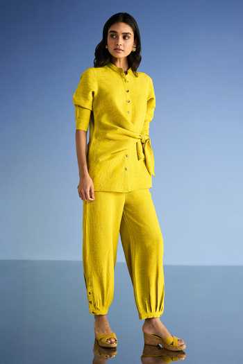 Buy_Dash And Dot_Yellow Cotton, Polyester Mandarin Collar Linen Side Tie Top And Pleated Pant Set 