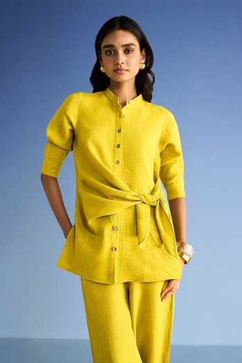 Shop_Dash And Dot_Yellow Cotton, Polyester Mandarin Collar Linen Side Tie Top And Pleated Pant Set 