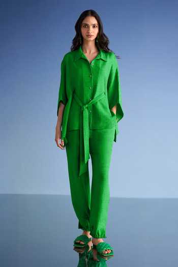 Dash And Dot_Green Cotton, Polyester Collared Neck Linen Kaftan Shirt And Relaxed Fit Pant Set _Online_at_Aza_Fashions
