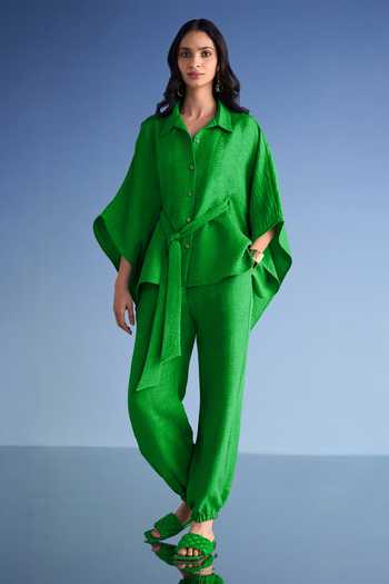 Shop_Dash And Dot_Green Cotton, Polyester Collared Neck Linen Kaftan Shirt And Relaxed Fit Pant Set _Online_at_Aza_Fashions