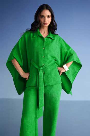 Dash And Dot_Green Cotton, Polyester Collared Neck Linen Kaftan Shirt And Relaxed Fit Pant Set _at_Aza_Fashions