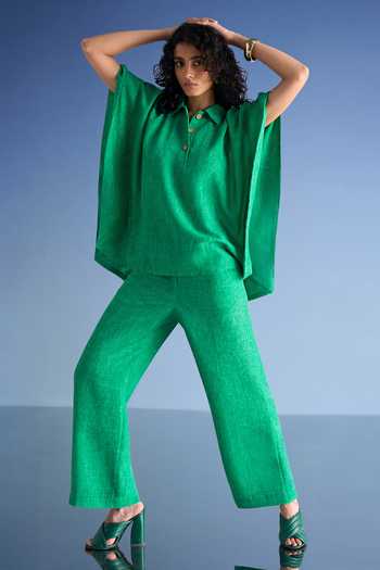 Dash And Dot Green Cotton, Polyester Collared Neck Linen Textured Kaftan Top at Aza Fashions Dash And Dot_Green Cotton, Polyester Collared Neck Linen Textured Kaftan Top _at_Aza_Fashions