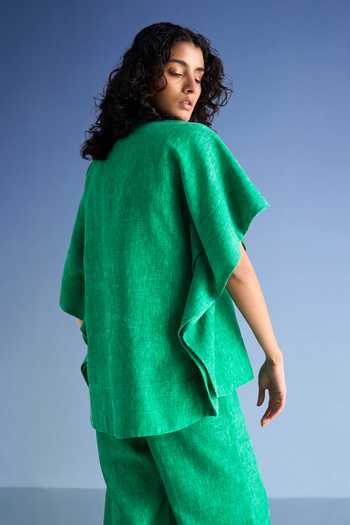 Dash And Dot_Green Cotton, Polyester Collared Neck Linen Kaftan Top And Straight-cut Pant Set _Online_at_Aza_Fashions