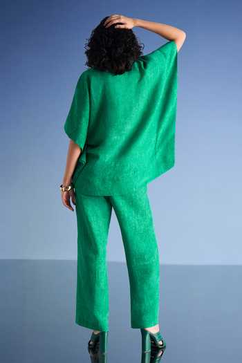 Buy_Dash And Dot_Green Cotton, Polyester Collared Neck Linen Kaftan Top And Straight-cut Pant Set _Online_at_Aza_Fashions
