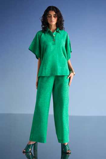 Shop_Dash And Dot_Green Cotton, Polyester Collared Neck Linen Kaftan Top And Straight-cut Pant Set _Online_at_Aza_Fashions