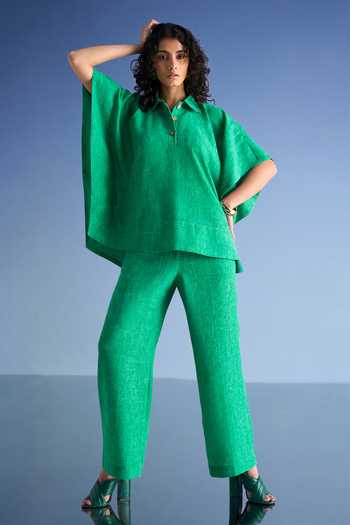 Dash And Dot Linen Kaftan Top & Straight-Cut Pant Set 
