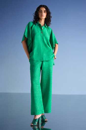 Dash And Dot_Green Cotton, Polyester Collared Neck Linen Kaftan Top And Straight-cut Pant Set _at_Aza_Fashions