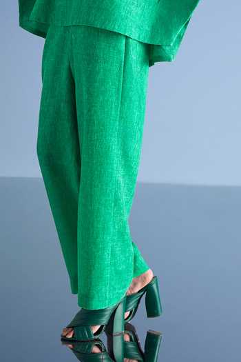 Shop_Dash And Dot_Green Cotton, Polyester Collared Neck Linen Kaftan Top And Straight-cut Pant Set 