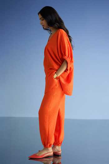 Dash And Dot_Orange Cotton, Polyester V-neck Linen Longline Boxy Fit Top And Pant Set _Online_at_Aza_Fashions