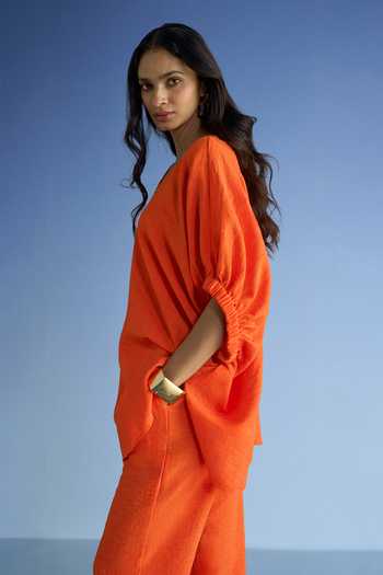 Shop_Dash And Dot_Orange Cotton, Polyester V-neck Linen Longline Boxy Fit Top And Pant Set _Online_at_Aza_Fashions