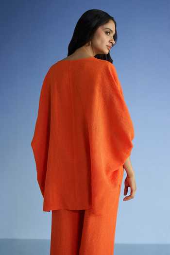 Dash And Dot_Orange Cotton, Polyester V-neck Linen Longline Boxy Fit Top And Pant Set _at_Aza_Fashions