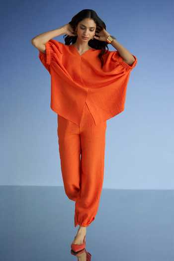 Buy_Dash And Dot_Orange Cotton, Polyester V-neck Linen Longline Boxy Fit Top And Pant Set 