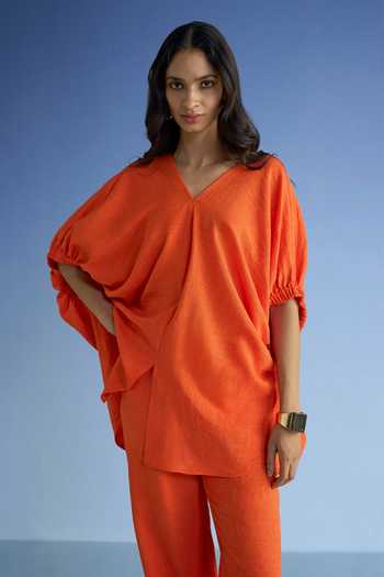 Shop_Dash And Dot_Orange Cotton, Polyester V-neck Linen Longline Boxy Fit Top And Pant Set 