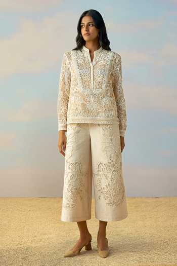 Dash And Dot_Ivory Cotton Mandarin Collar Ribbon And Cord Embroidered Top _Online_at_Aza_Fashions