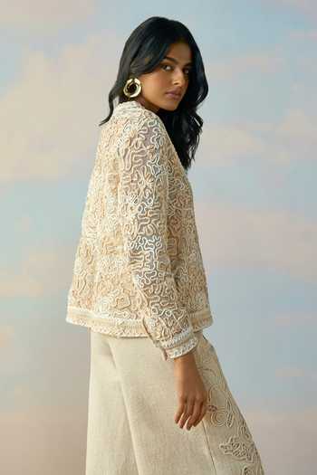Dash And Dot_Ivory Cotton Mandarin Collar Ribbon And Cord Embroidered Top _at_Aza_Fashions