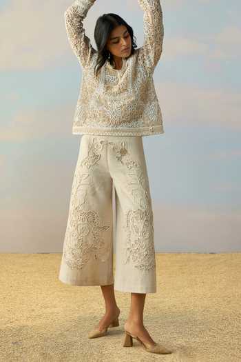 Buy_Dash And Dot_Ivory Cotton, Linen Mandarin Collar Cord Embroidered Top And Pant Set _Online_at_Aza_Fashions