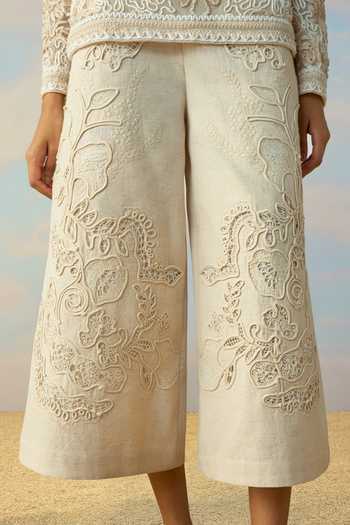 Buy_Dash And Dot_Ivory Cotton, Linen Mandarin Collar Cord Embroidered Top And Pant Set 