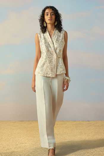 Dash And Dot Ivory Linen, Viscose Shawl Neck Embroidered Waistcoat 3