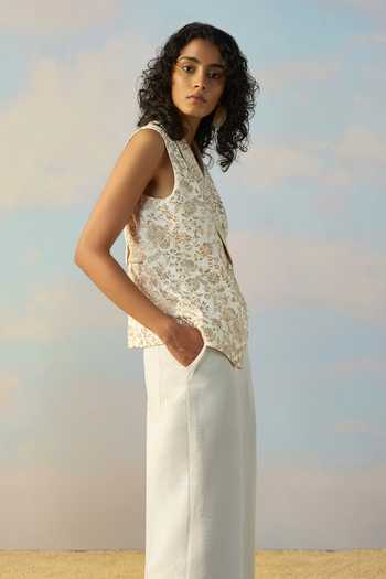 Dash And Dot Ivory Linen, Viscose Shawl Neck Embroidered Waistcoat 7